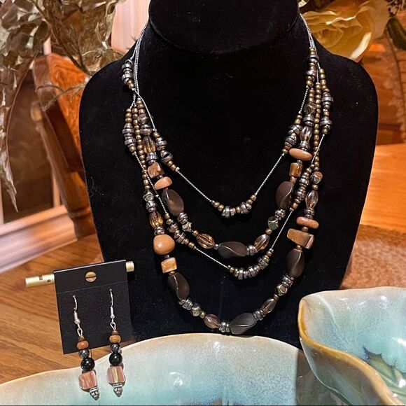 Hand Crafted Jewelry - Handcrafted Hand Beaded Glass Bead Multi Strand Necklace + Earrings